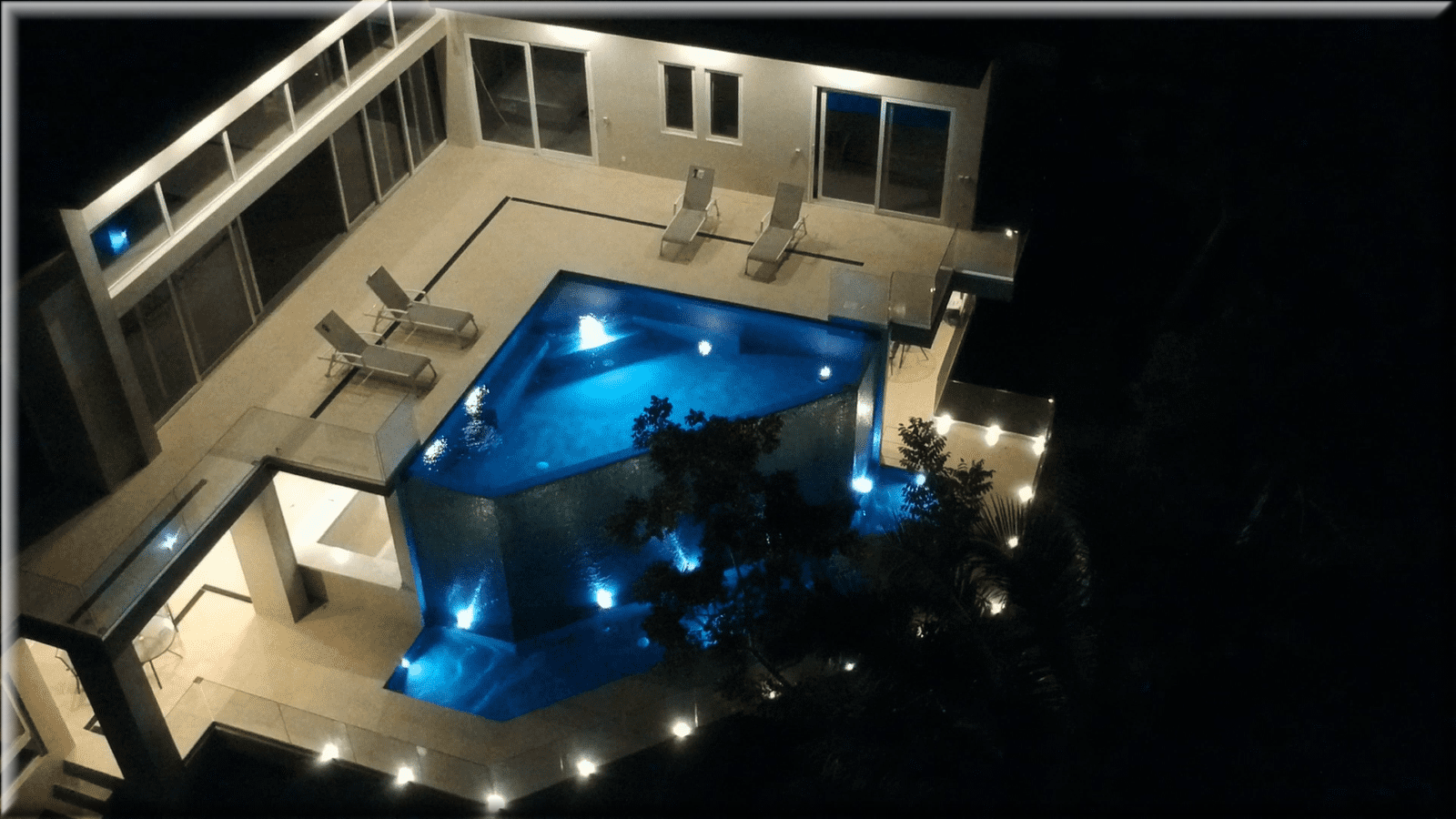 Night time drone view of Selva Suites vacation rental in San Pancho, Nayarit, Mexico